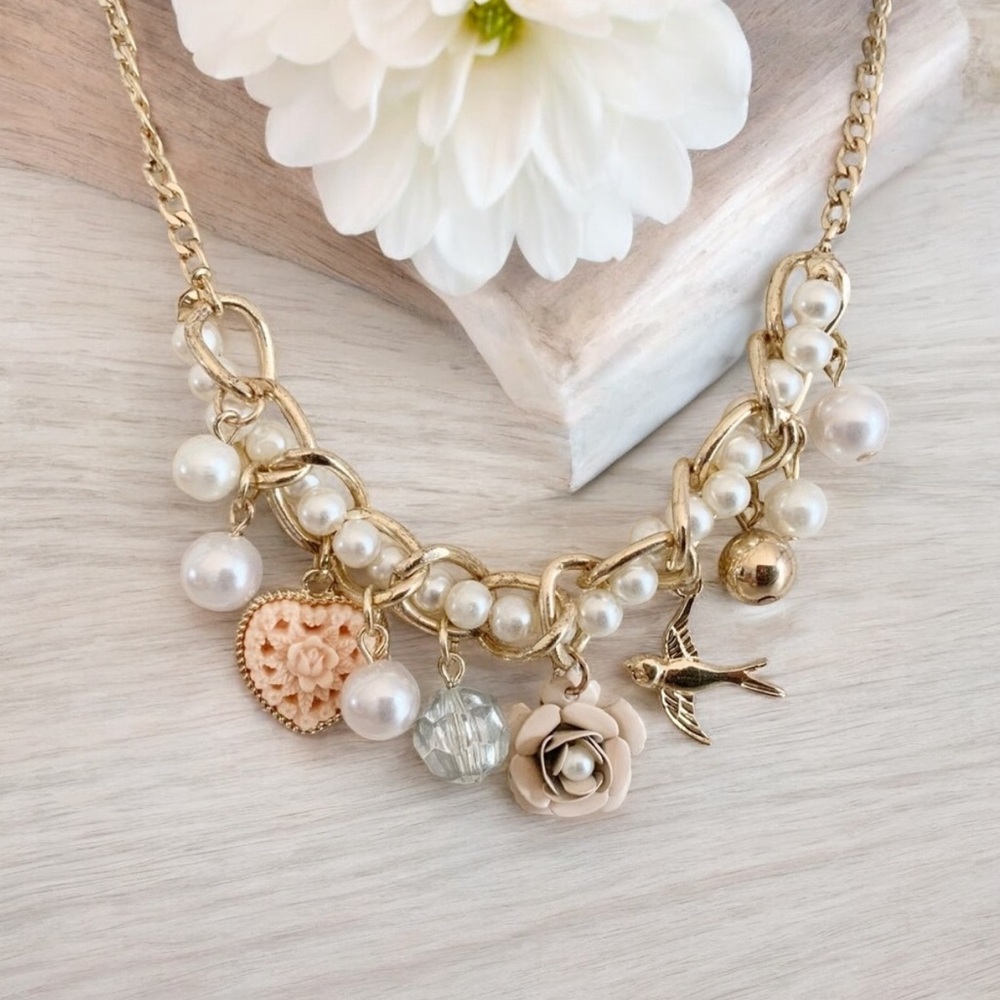 Faux Pearl and Charm Adjustable Goldtone Necklace